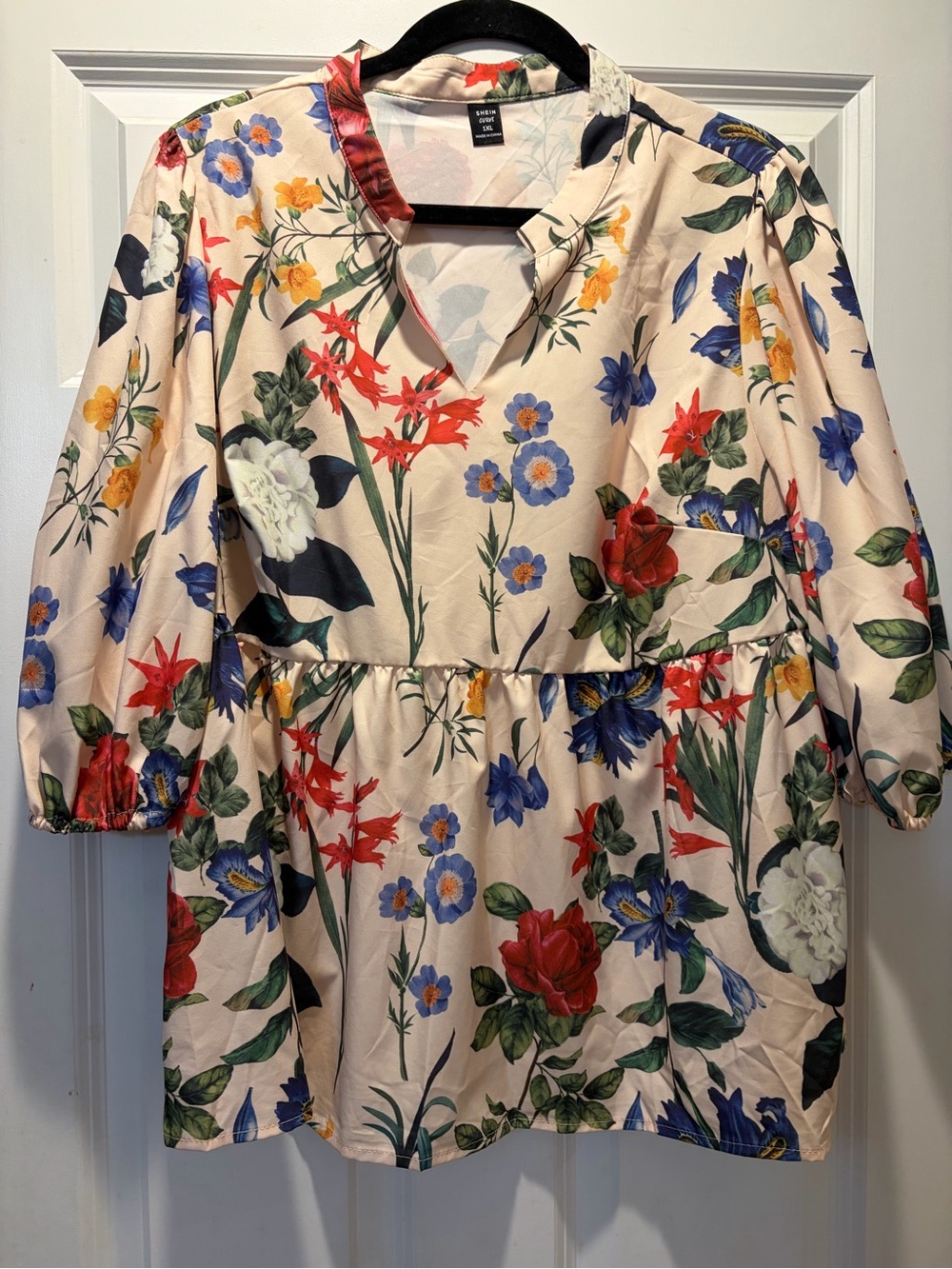 SHEIN Cream Floral Long Sleeve Peplum Tunic